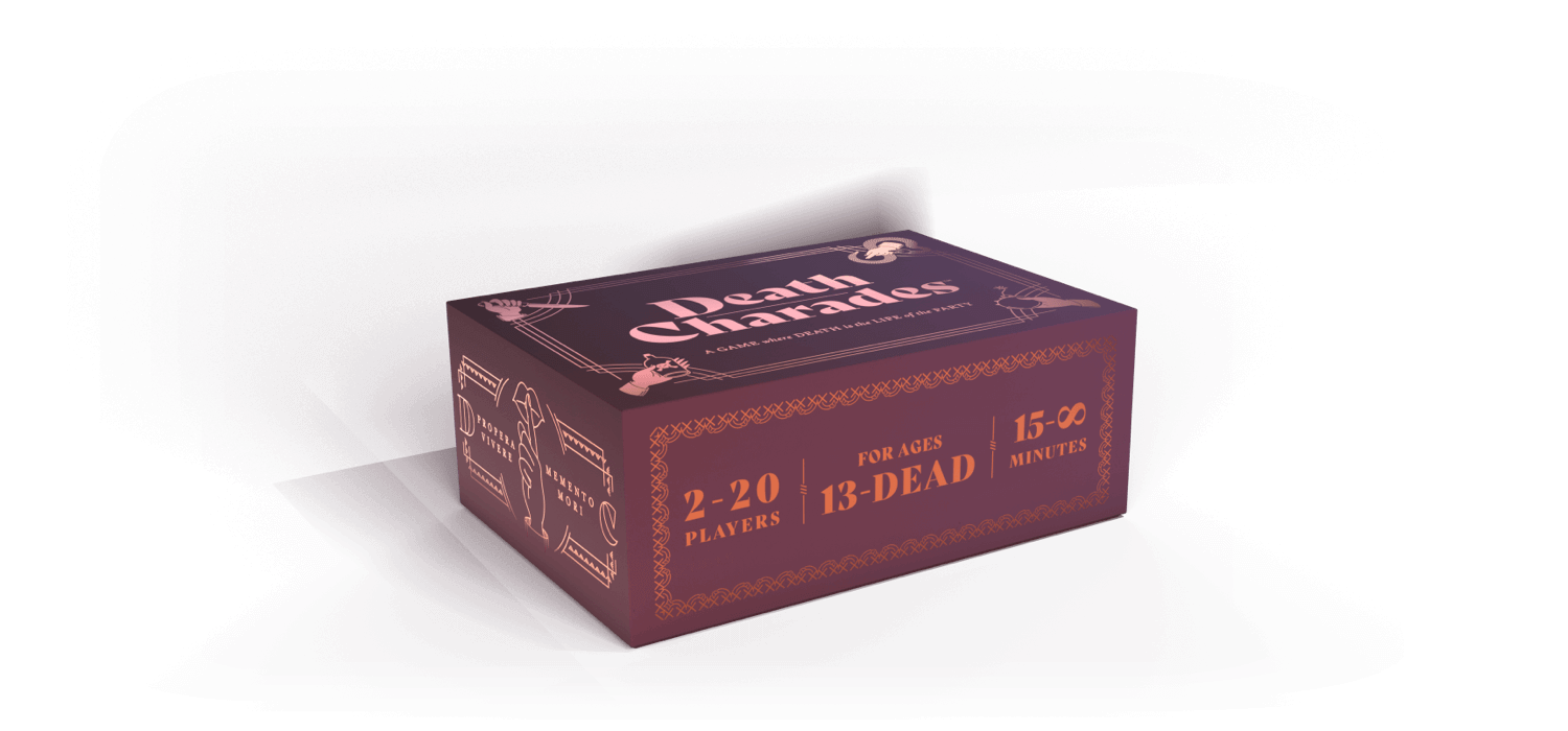 The Death Charades box. It's very nice. It says: 2-20 Players, For Ages 13-Dead, 15-Infinity Minutes.